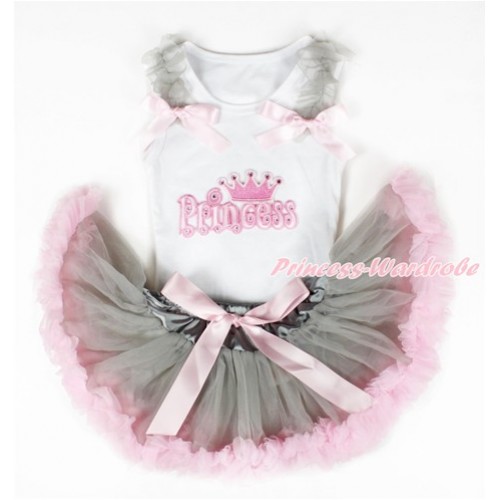White Baby Pettitop with Princess Print with Grey Ruffles & Light Pink Bows with Grey Light Pink Newborn Pettiskirt NN106 