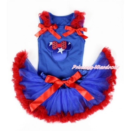 Royal Blue Baby Pettitop with Patriotic American Minnie Print with Red Ruffles & Red Bows with Royal Blue Red Newborn Pettiskirt NG1329 