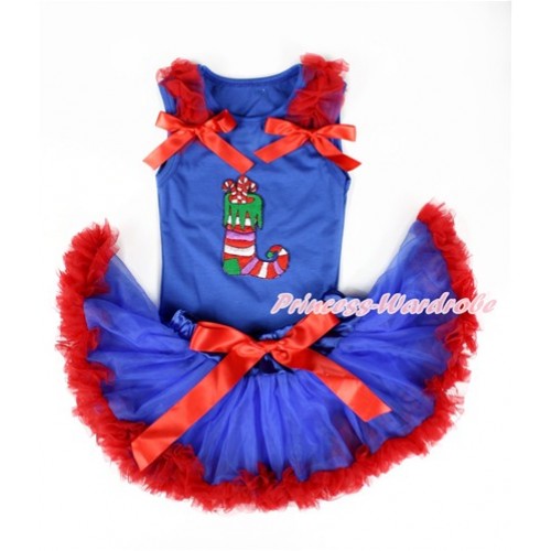 Xmas Royal Blue Baby Pettitop with Christmas Stocking Print with Red Ruffles & Red Bows with Royal Blue Red Newborn Pettiskirt NG1330 