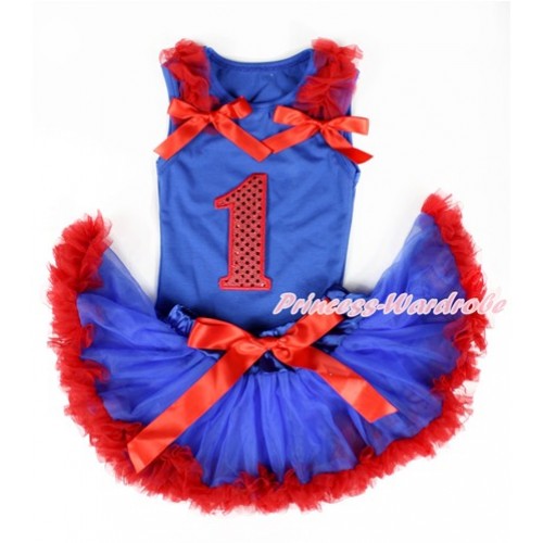 Royal Blue Baby Pettitop with 1st Sparkle Red Birthday Number Print with Red Ruffles & Red Bows with Royal Blue Red Newborn Pettiskirt NG1333 