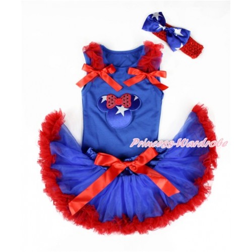Royal Blue Baby Pettitop with Patriotic American Minnie Print with Red Ruffles & Red Bows & Royal Blue Red Newborn Pettiskirt With Red Headband American Star Satin Bow NG1338 