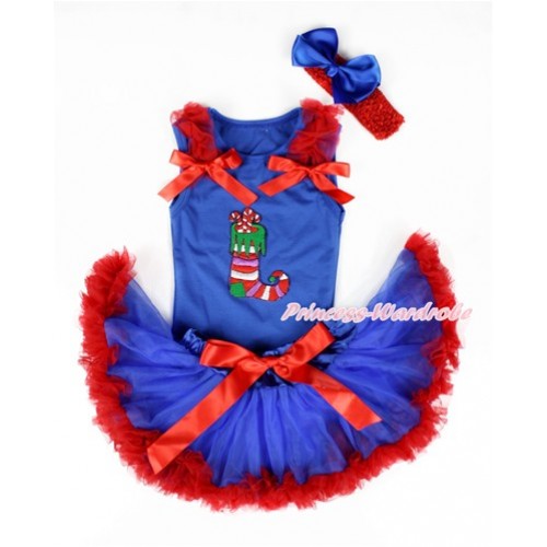 Xmas Royal Blue Baby Pettitop with Christmas Stocking Print with Red Ruffles & Red Bows & Royal Blue Red Newborn Pettiskirt With Red Headband Royal Blus Silk Bow NG1339 
