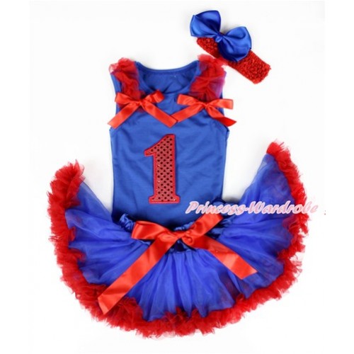 Royal Blue Baby Pettitop with 1st Sparkle Red Birthday Number Print with Red Ruffles & Red Bows & Royal Blue Red Newborn Pettiskirt With Red Headband Royal Blus Silk Bow NG1342 