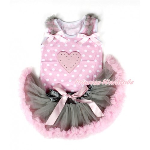 Light Pink White Dots Baby Pettitop with Light Pink Heart Print with Grey Ruffles & Light Pink Bows with Grey Light Pink Newborn Pettiskirt NP039 