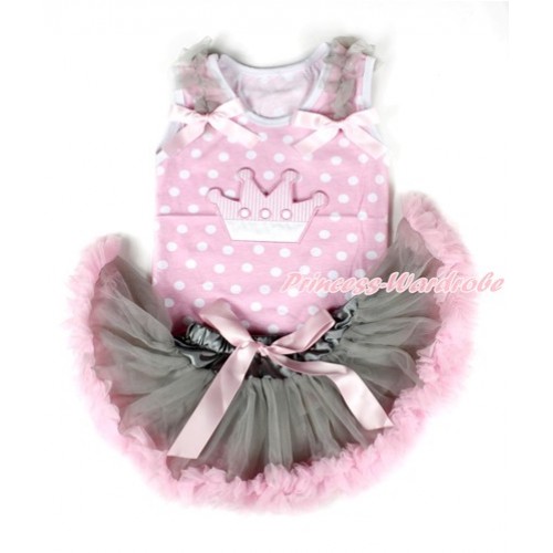 Light Pink White Dots Baby Pettitop with Crown Print with Grey Ruffles & Light Pink Bows with Grey Light Pink Newborn Pettiskirt NP041 