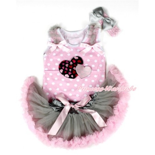 Valentine's Day Light Pink White Dots Baby Pettitop with Light Pink Sweet Twin Heart Print with Grey Ruffles & Light Pink Bows & Grey Light Pink Newborn Pettiskirt With Light Pink Headband Grey Silk Bow NP043 