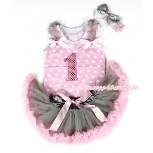 Light Pink White Dots Baby Pettitop with 1st Sparkle Light Pink Birthday Number Print with Grey Ruffles & Light Pink Bows & Grey Light Pink Newborn Pettiskirt With Light Pink Headband Grey Silk Bow NP045 