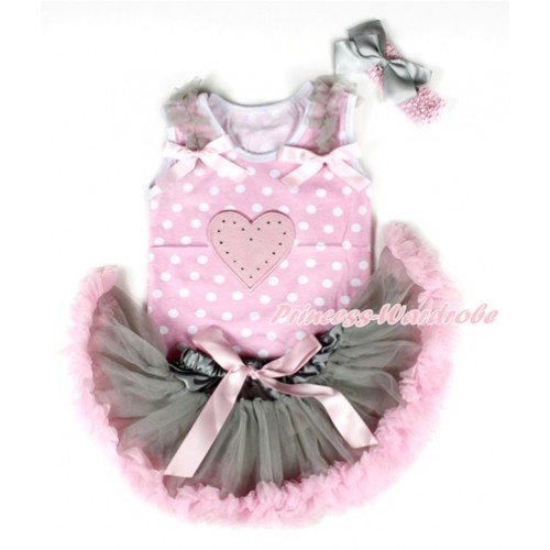 Light Pink White Dots Baby Pettitop with Light Pink Heart Print with Grey Ruffles & Light Pink Bows & Grey Light Pink Newborn Pettiskirt With Light Pink Headband Grey Silk Bow NP046 