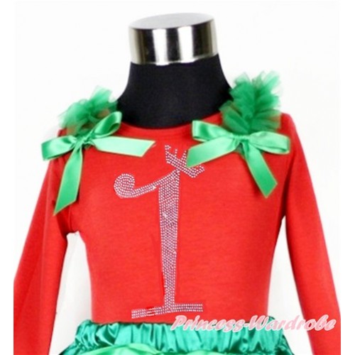 Xmas 1st Sparkle Crystal Bling Rhinestone Birthday Number Print Red Long Sleeves Top with Kelly Green Ruffles & Kelly Green Bow TW387 