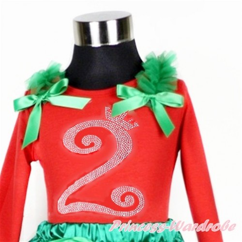 Xmas 2nd Sparkle Crystal Bling Rhinestone Birthday Number Print Red Long Sleeves Top with Kelly Green Ruffles & Kelly Green Bow TW388 