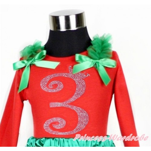 Xmas 3rd Sparkle Crystal Bling Rhinestone Birthday Number Print Red Long Sleeves Top with Kelly Green Ruffles & Kelly Green Bow TW389 