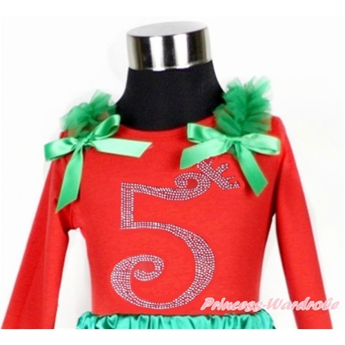 Xmas 5th Sparkle Crystal Bling Rhinestone Birthday Number Print Red Long Sleeves Top with Kelly Green Ruffles & Kelly Green Bow TW391 