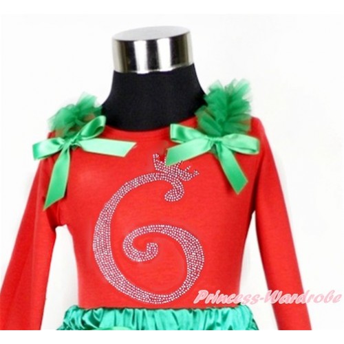 Xmas 6th Sparkle Crystal Bling Rhinestone Birthday Number Print Red Long Sleeves Top with Kelly Green Ruffles & Kelly Green Bow TW392 