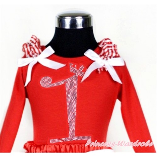Xmas 1st Sparkle Crystal Bling Rhinestone Birthday Number Print Red Long Sleeves Top with Red White Striped Ruffles & White Bow TW393 