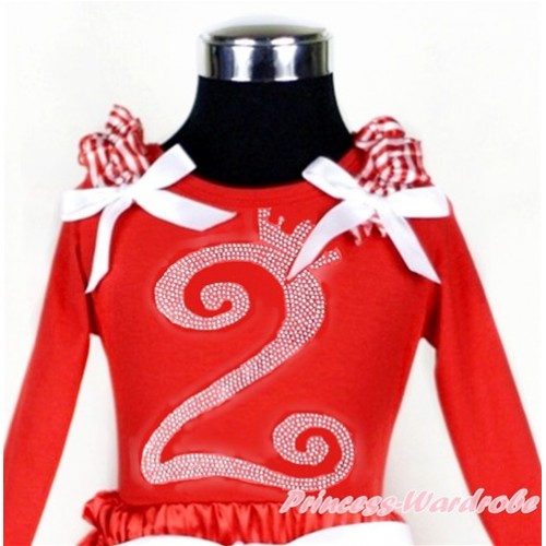 Xmas 2nd Sparkle Crystal Bling Rhinestone Birthday Number Print Red Long Sleeves Top with Red White Striped Ruffles & White Bow TW394 