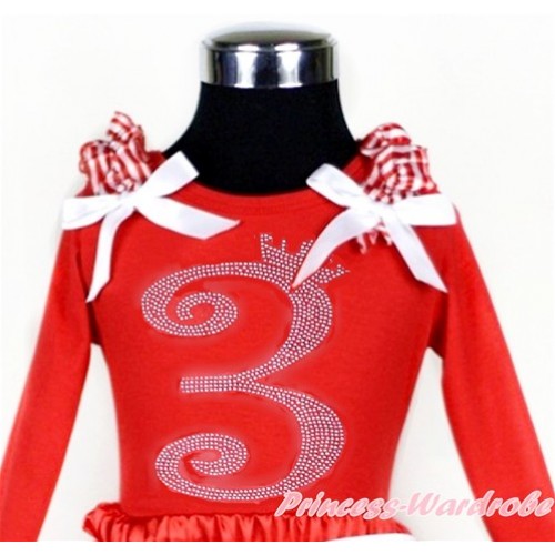 Xmas 3rd Sparkle Crystal Bling Rhinestone Birthday Number Print Red Long Sleeves Top with Red White Striped Ruffles & White Bow TW395 