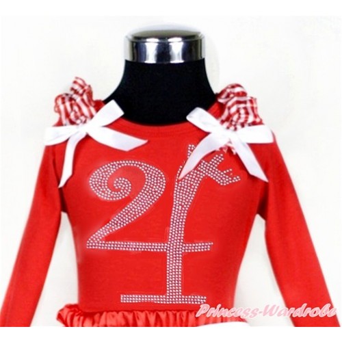 Xmas 4th Sparkle Crystal Bling Rhinestone Birthday Number Print Red Long Sleeves Top with Red White Striped Ruffles & White Bow TW396 