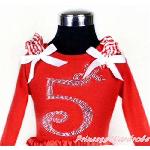 Xmas 5th Sparkle Crystal Bling Rhinestone Birthday Number Print Red Long Sleeves Top with Red White Striped Ruffles & White Bow TW397 