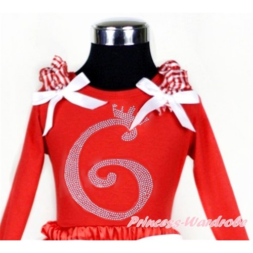 Xmas 6th Sparkle Crystal Bling Rhinestone Birthday Number Print Red Long Sleeves Top with Red White Striped Ruffles & White Bow TW398 