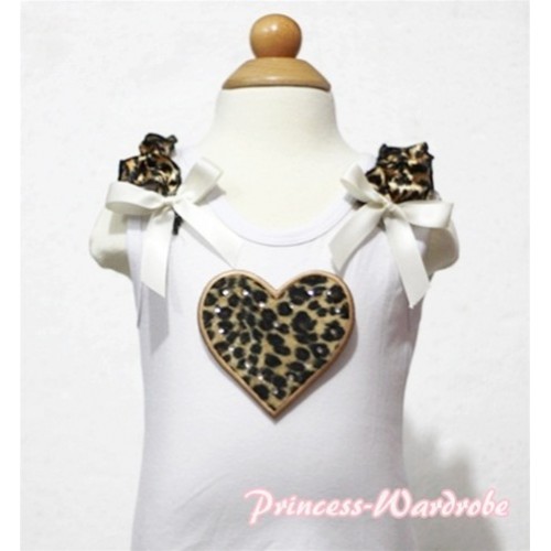 Leopard Heart White Tank Top with Leopard Ruffles and Cream White Bows TB121 