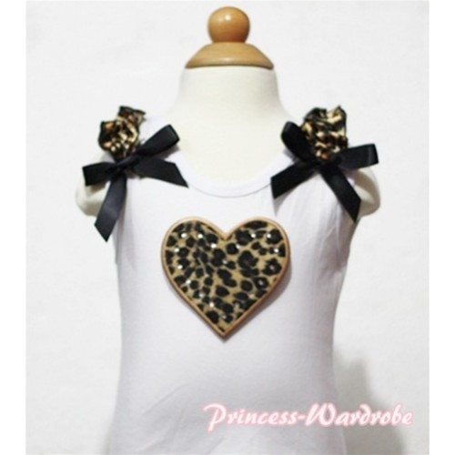 Leopard Heart White Tank Top with Leopard Ruffles and Black Bows TB123 