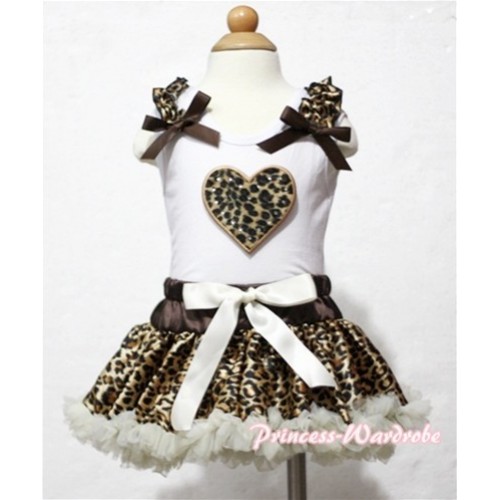 White Baby Pettitop & Leopard Heart & Leopard Ruffles & Brown Bows with Cream White Leopard Baby Pettiskirt  NG313 