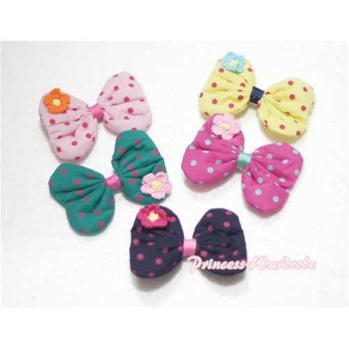 5 Pieces of Cute Polka Dot Bow with Little Flower Hair Clips H190 