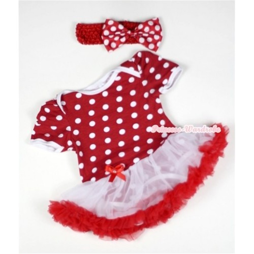 Minnie Dots Baby Jumpsuit White Red Pettiskirt With Red Headband Minnie Satin Bow JS012 