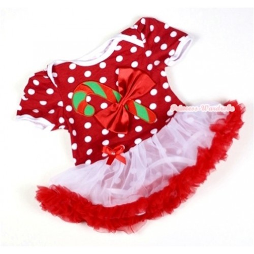 Minnie Dots Baby Jumpsuit White Red Pettiskirt with Christmas Stick & Red Bow Print JS015 