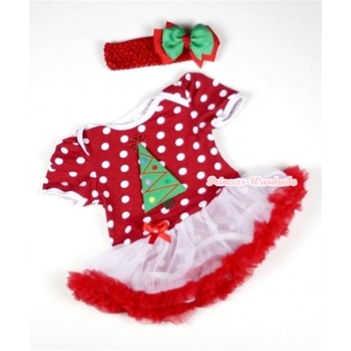 Minnie Dots Baby Jumpsuit White Red Pettiskirt With Christmas Tree Print With Red Headband Green Red Ribbon Bow JS018 