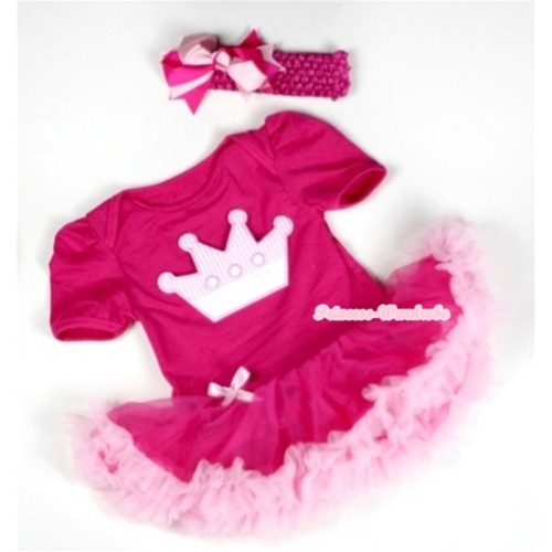 Hot Pink Baby Jumpsuit Hot Light Pink Pettiskirt With Crown Print With Hot Pink Headband Hot Light Pink Ribbon Bow JS033 