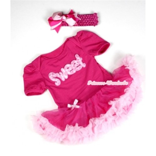Hot Pink Baby Jumpsuit Hot Light Pink Pettiskirt With Sweet Print With Hot Pink Headband Hot Light Pink Ribbon Bow JS035 