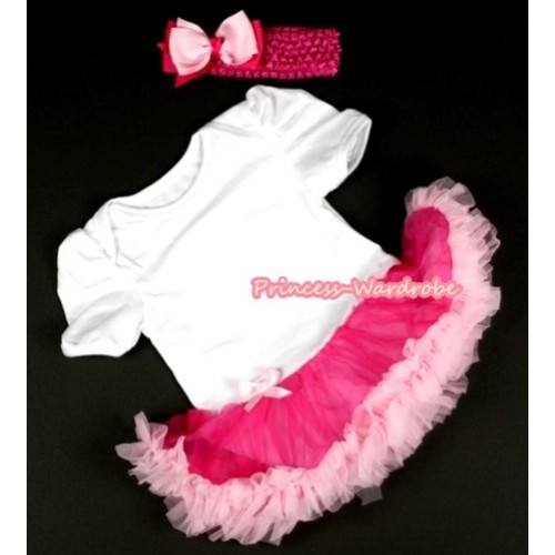 White Baby Jumpsuit Hot Light Pink Pettiskirt With Hot Pink Headband Light Hot Pink Ribbon Bow JS049 
