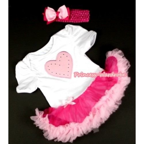 White Baby Jumpsuit Hot Light Pink Pettiskirt With Light Pink Heart Print With Hot Pink Headband Light Hot Pink Ribbon Bow JS051 