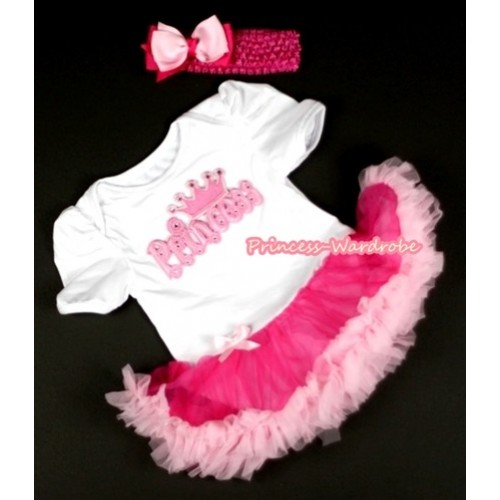 White Baby Jumpsuit Hot Light Pink Pettiskirt With Princess Print With Hot Pink Headband Light Hot Pink Ribbon Bow JS053 
