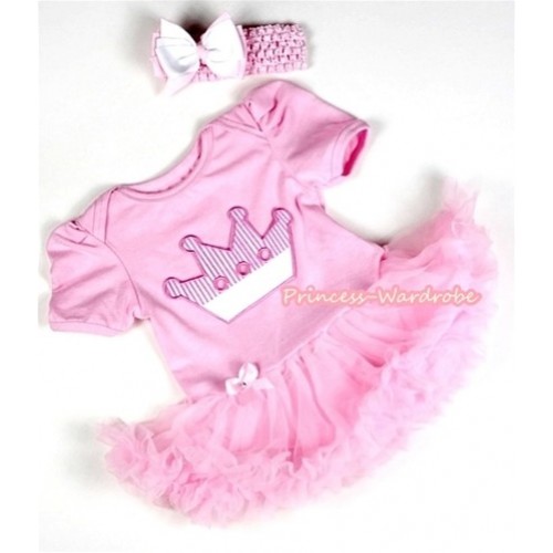 Light Pink Baby Jumpsuit Light Pink Pettiskirt With Crown Print With Light Pink Headband Light Pink White Ribbon Bow JS065 