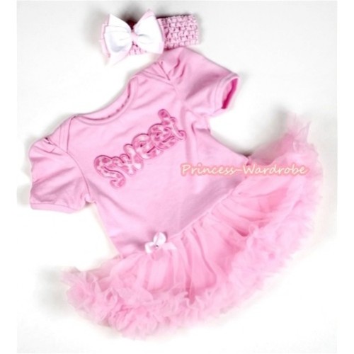 Light Pink Baby Jumpsuit Light Pink Pettiskirt With Sweet Print With Light Pink Headband Light Pink White Ribbon Bow JS067 
