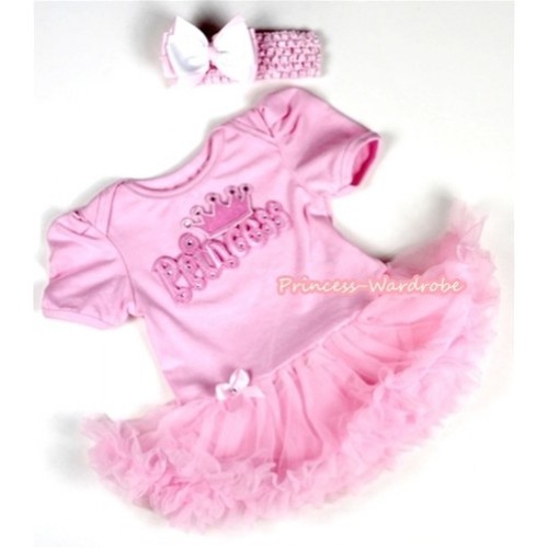 Light Pink Baby Jumpsuit Light Pink Pettiskirt With Princess Print With Light Pink Headband Light Pink White Ribbon Bow JS070 