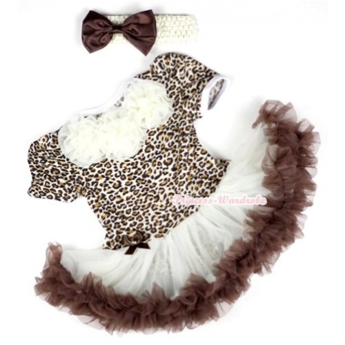 Leopard Baby Jumpsuit Cream White Brown Pettiskirt With Cream White Rosettes With Cream White Headband Brown Satin Bow JS099 
