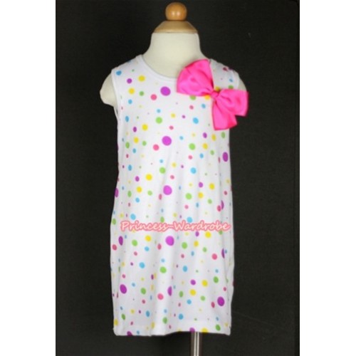 White Rainbow Polka Dots One-Piece Pettidress With Hot Pink Ribbon Bow CD006 