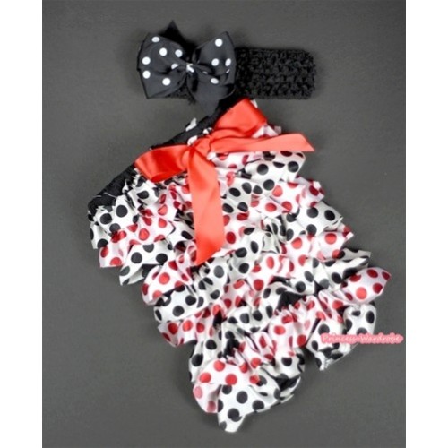 Red Black Polka Dots Petti Romper with Red Bow and Black Headband Black White Polka Dots Bow Set RH94 