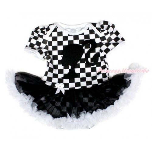 Black White Checked Baby Bodysuit Jumpsuit Black White Pettiskirt with Barbie Princess Print JS2563 