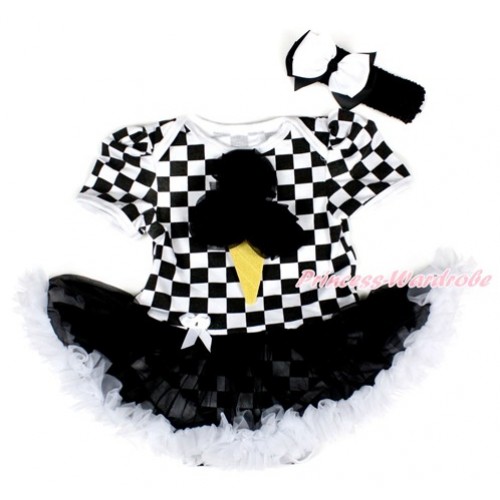 Black White Checked Baby Bodysuit Jumpsuit Black White Pettiskirt With Black Rosettes Ice Cream Print With Black Headband White Black Ribbon Bow JS2573 