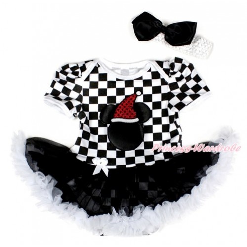 Xmas Black White Checked Baby Bodysuit Jumpsuit Black White Pettiskirt With Christmas Minnie Print With White Headband Black Silk Bow JS2578 