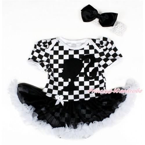 Black White Checked Baby Bodysuit Jumpsuit Black White Pettiskirt With Barbie Princess Print With White Headband Black Silk Bow JS2579 