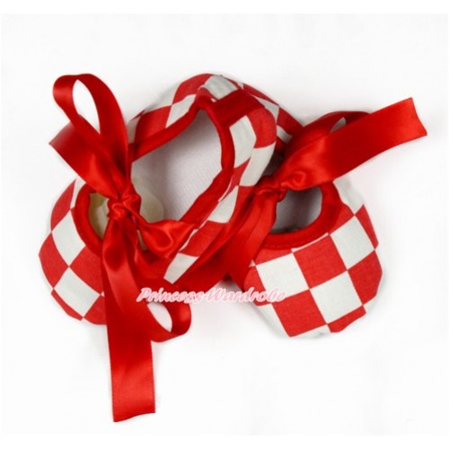 Red White Checked Crib Shoes With Red Ribbon S609 
