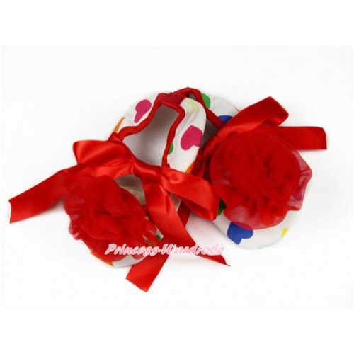 Baby Rainbow Heart Red Ribbon Crib Shoes with Red Rosettes S614 