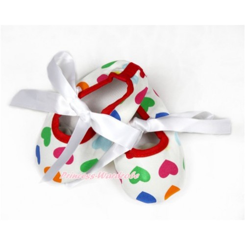 Rainbow Heart Crib Shoes With White Ribbon S616 