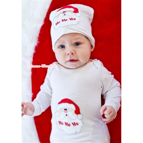 White Long Sleeve Baby Jumpsuit with Santa Claus Print with Cap Set LS81 