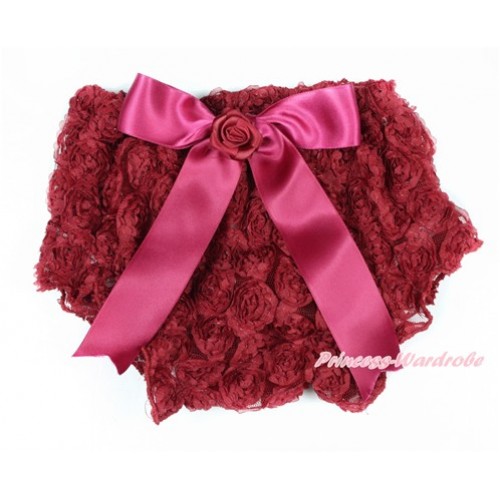 Raspberry Wine Red Romantic Rose Panties Bloomers With Raspberry Wine Red Bow BR48 